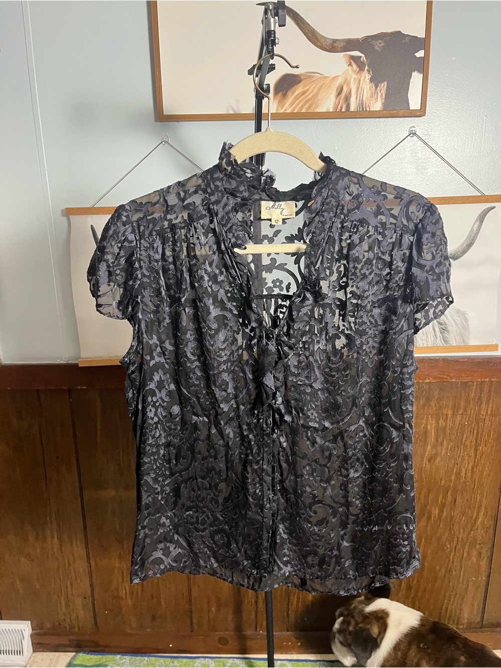 Milly of New York Black Sheer Floral Burnout Ruffle Blouse